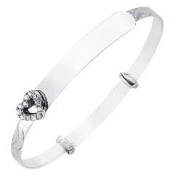 925 Sterling Silver Cubic Zirconia Set Heart Diamond Cut ID Expanding Baby Children Bangle P702006