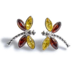 Henryka Dragonfly Cognac & Yellow Amber And Silver Stud Earrings 6E323/YC-COS