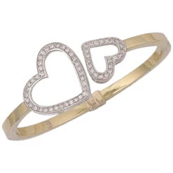 9ct Yellow Gold Hinged And Cubic Zirconia Set Light Weight Heart Bangle P702234