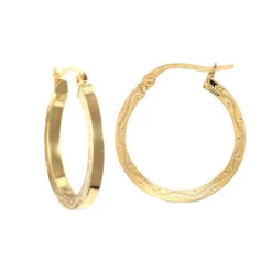 9ct Yellow Gold Engraved Wavy Design Square-Tube 18mm Creole Hoops P702-144