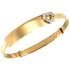 9ct Yellow Gold Solid Flat Diamond Cut Children Baby ID Expanding Bangle With A Cubic Zirconia Set Heart P702053